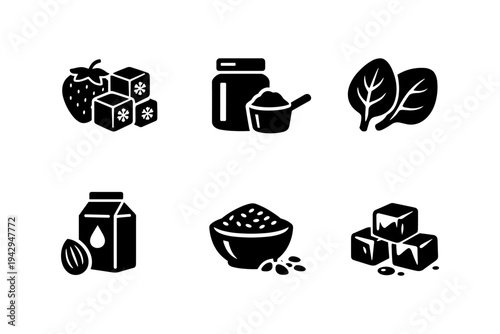 Collection of icons representing healthy food ingredients and supplements for smoothies