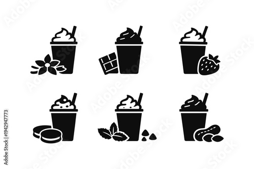 Collection of six different flavored milkshake icons with ingredients on white background
