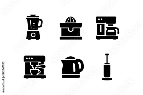 Collection of kitchen appliance icons including blender, juicer, coffee maker, kettle, and vacuum