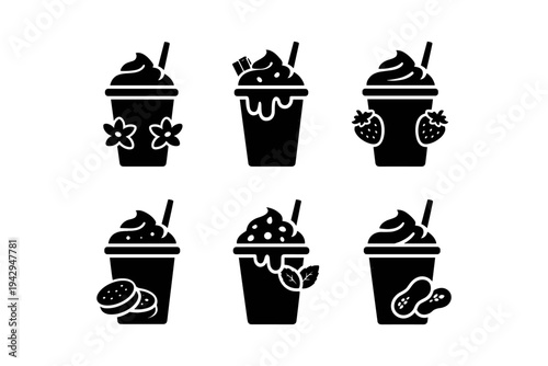 Collection of stylized black icons representing various sweet drinks and desserts