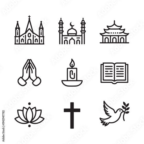 Religious symbols and structures in simple line art illustration