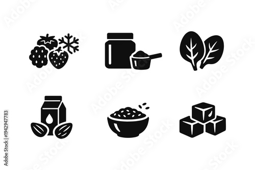 Collection of icons representing healthy food ingredients for smoothies and meals