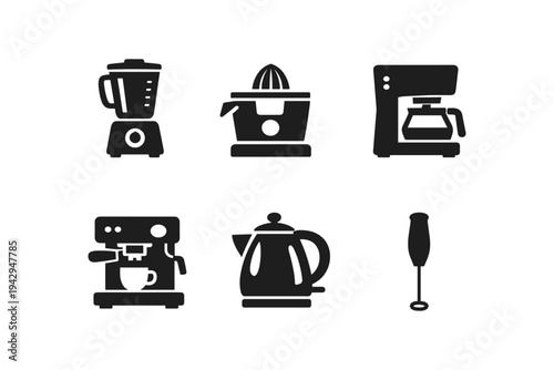 Collection of kitchen appliance icons including blender, juicer, coffee maker, espresso machine, kettle, and blender