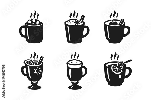 Collection of steaming hot drinks in mugs and glasses with various garnishes