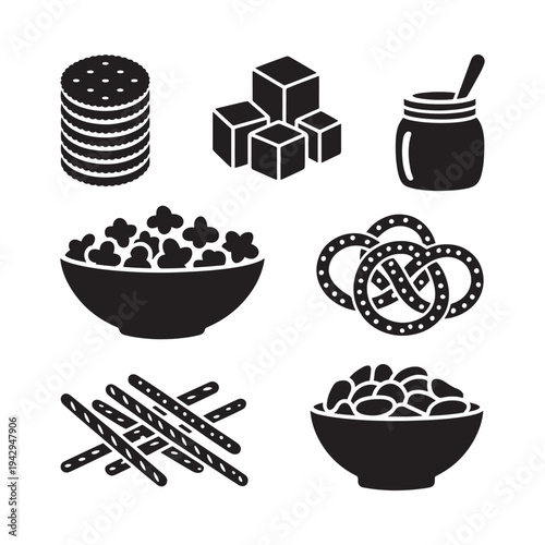 Black silhouette icons depicting various sweet and savory snack foods