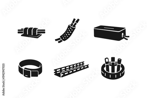 Collection of electrical wiring and cable management icons in black and white