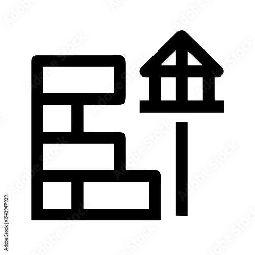 Simple line drawing of a brick building with a detached house next to it isolated on white background, Vector