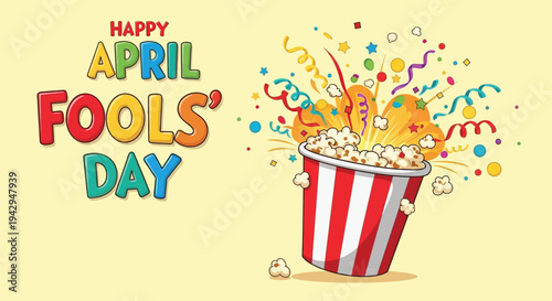 Happy april fools day text with exploding popcorn bucket illustration