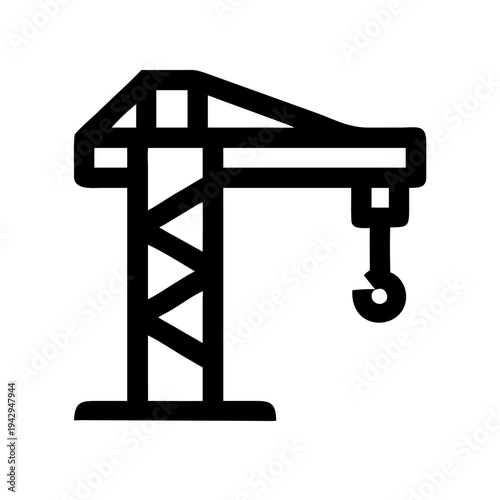 A tower crane lifting a heavy load with its hook and cable system isolated on white background, Vector