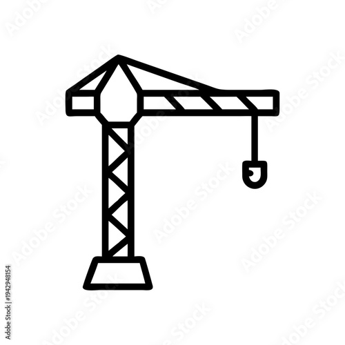 Black and white illustration of a crane lifting a heavy load isolated on white background, Vector