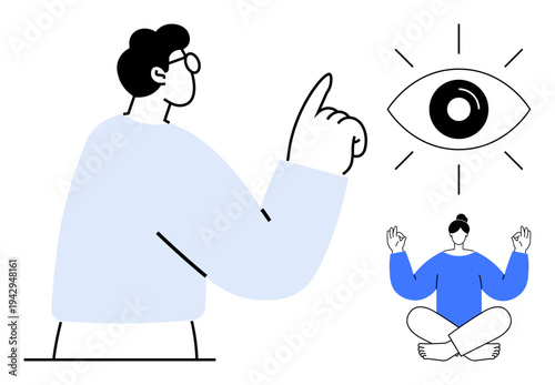 Mindfulness, self-awareness, meditation, focus, personal growth, inner peace. Stylized person pointing at an eye, another meditating. Mindfulness and self-awareness theme illustrated