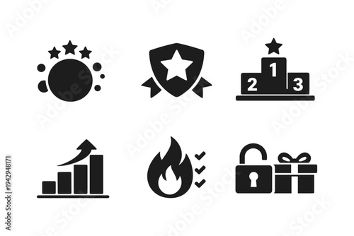 Collection of six modern flat icons representing success, achievement, and security concepts