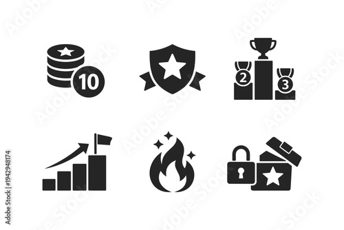 Collection of achievement and success icons including coins, medals, and growth charts