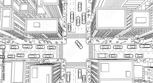 Aerial view of a busy city street with cars and buildings.
