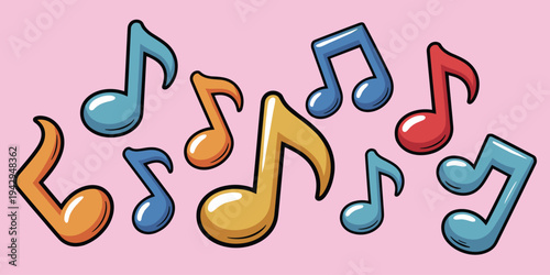 Colorful cartoon musical notes scattered on a pink background Keywords: music, notes, musical, symbols, sound, melody, rhythm