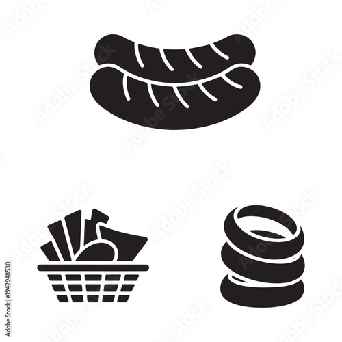 Black silhouette icons depicting a hotdog fries and onion rings