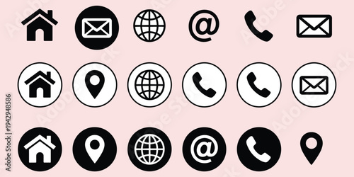 Communication and location icons on a light pink background collection contact