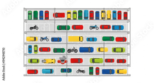 Colorful toy cars and motorcycles neatly parked in a multi-level garage.