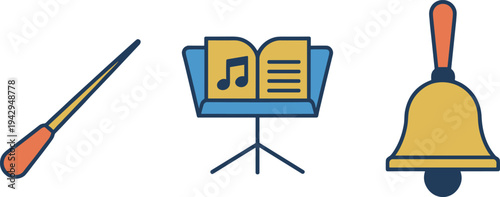 Conductor's baton, music stand with notes, and bell on a white background vector illustration