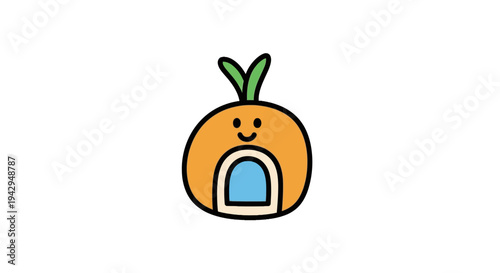 Cartoon orange house with face.