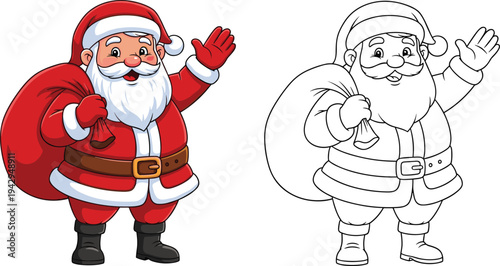 Festive Santa Claus illustration with cheerful red suit, waving hand, holiday sack, and coloring page outline version perfect for Christmas decorations, cards, and seasonal activities