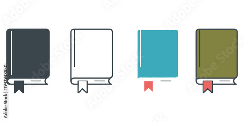 Four Book Icons with Different Styles and Colors Including a Bookmark books symbol