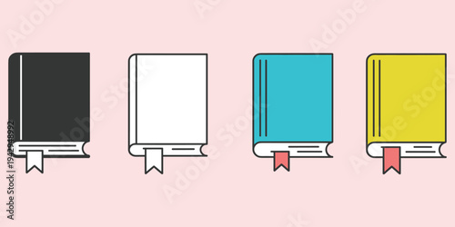 Four different colored books with bookmarks on a pink background reading literature