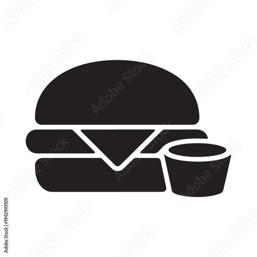 Simple black silhouette of a burger fries and dipping sauce