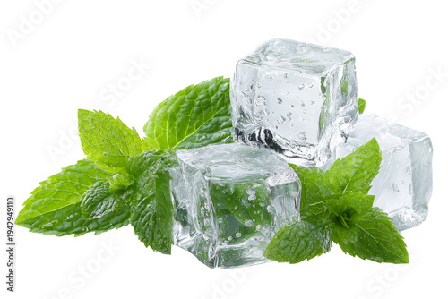 Mint leaves and ice cubes against black backdrop for cool and refreshing summer drink.