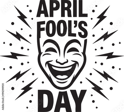 April Fool’s Day laughing mask lightning bolts festive prank humor vector illustration design