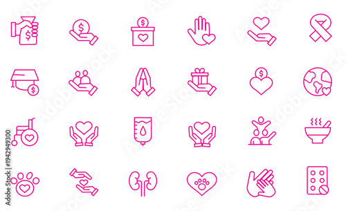 Charity and Donation set of web icons in line style. Volunteering and donation icons for web and mobile app. Help, caring, solidarity, alms, donate, volunteer, care, charity and more. Editable stroke