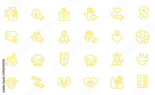 Charity and Donation set of web icons in line style. Volunteering and donation icons for web and mobile app. Help, caring, solidarity, alms, donate, volunteer, care, charity and more. Editable stroke
