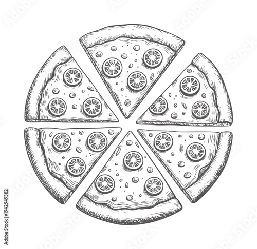 Black and white hand drawn of a sliced pepperoni pizza six pieces slices handdrawn