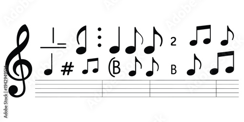 Musical symbols including clef, accidentals, and notes on staff lines Keywords: music, note, musical note, symbol, clef, treble