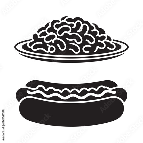 Black and white illustration of a plate of beans and a hotdog