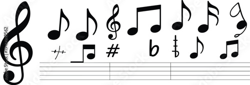 Musical notation elements with treble clef, accidentals, and notes on staff Keywords: music, note, musical note, symbol, clef