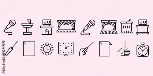 Presentation and performance icons arranged on a light pink background microphone podium