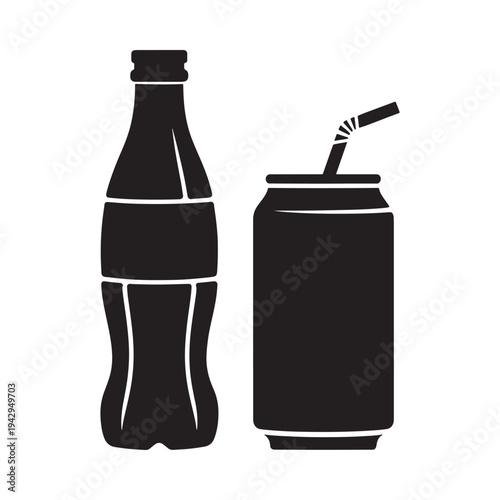 Black silhouette of a soda bottle and a can with a straw