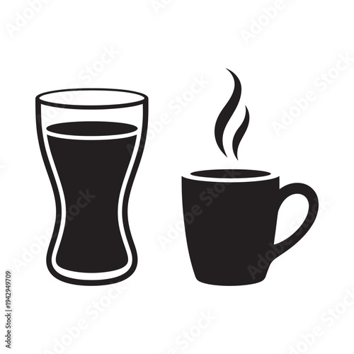 Black and white illustration of a beer glass and a steaming coffee cup