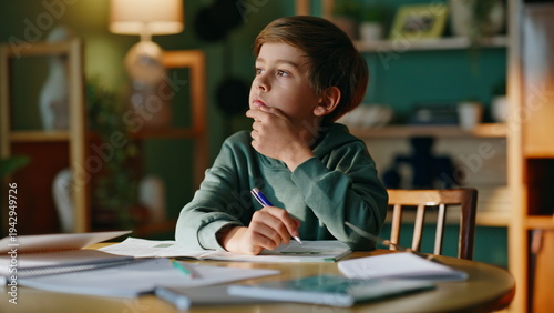 Tableau sur toile Thoughtful boy studying lesson writing notebook home closeup