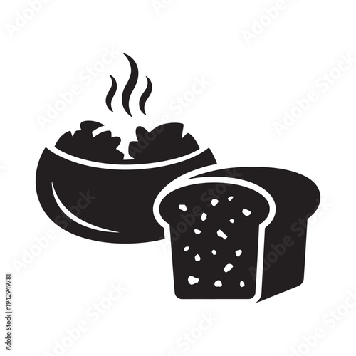 A black and white illustration of soup with bread a comforting meal