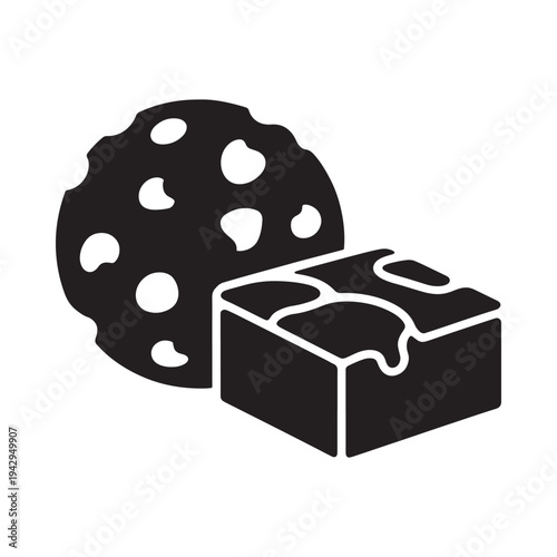 A simple black and white illustration of a cookie and chocolate