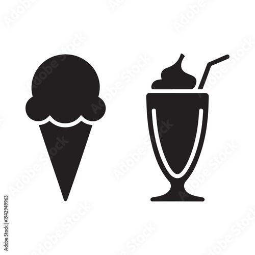 Black and white illustration of an ice cream cone and milkshake