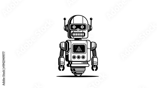 Retro Robot Icon: Vintage Android Character with Antennae and Glowing Screen