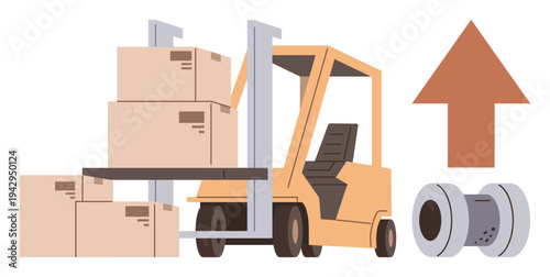 Logistics, warehouse management, shipping, supply chain, cargo handling, industrial operations. Forklift lifting boxes near an arrow and cargo reel. Logistics and warehouse management concept