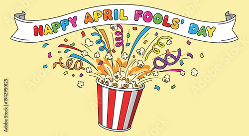 Happy april fools day banner with exploding popcorn bucket and confetti