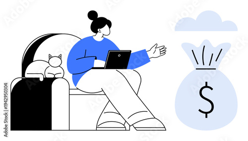 Finance management, remote work, investment ideas, digital banking, technology, freelancing. Woman with laptop gesturing towards money bag icon. Finance management and remote work concept
