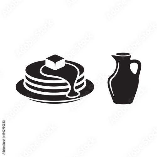 Black and white illustration of pancakes with syrup and a pitcher