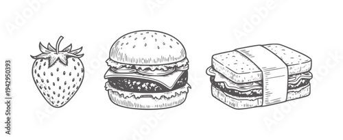 Black and white of a strawberry hamburger and sandwich fruit food