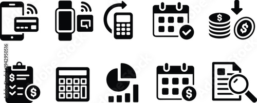 Finance, payment, banking, icons, set, including, mobile, smartwatch, calculator, calendar, money, invoice, analytics, budget, transaction, accounting, business, silhouette, symbol, collection